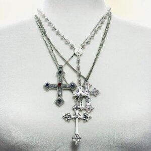 Y2K 2000s style 4 pcs set Layered silver cross necklace
